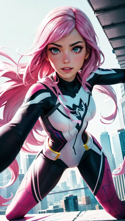 solamente, 1girl, (Obra maestra), ((20-year-old appearance)), cabello blanco, cabello mediano, ojos azules, Chica anime, Pink superhero uniform with white pants, capa, small breasts, Ciudad Cyberpunk, nigth, Superhero pose
