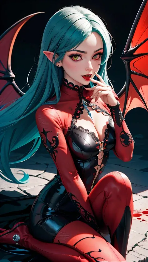Remove watermark and text. Otherwise keep as close to original as possible. Preserve eye color, facial features and expression. A close up of a woman with green hair and a red dress, extremely detailed artgerm, beautiful succubus, alena aenami and artgerm, :: rossdraws, inspired by rossdraws, artgerm and rossdraws, deviantart artstation cgscosiety, morrigan aensland, ig model | artgerm, rossdraws 1. 0