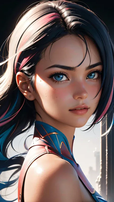 (best quality, masterpiece, perfect face, beautiful and aesthetic:1.2, colorful, dynamic angle, highest detailed face) supergirl (hi-top fade:1.3), dark theme, soothing tones, muted colors, high contrast, (natural skin texture, hyperrealism, soft light, sharp), HDR, dramatic lights, (ultra realistic, best quality, masterpiece, perfect face) coloured hair, 18 years old girl, medium tits, 35mm, bokeh, 9:16, (intricate details, hyperdetailed:1.15), detailed, sunlight passing through hair (high contrast, official art, extreme detailed, highest detailed),