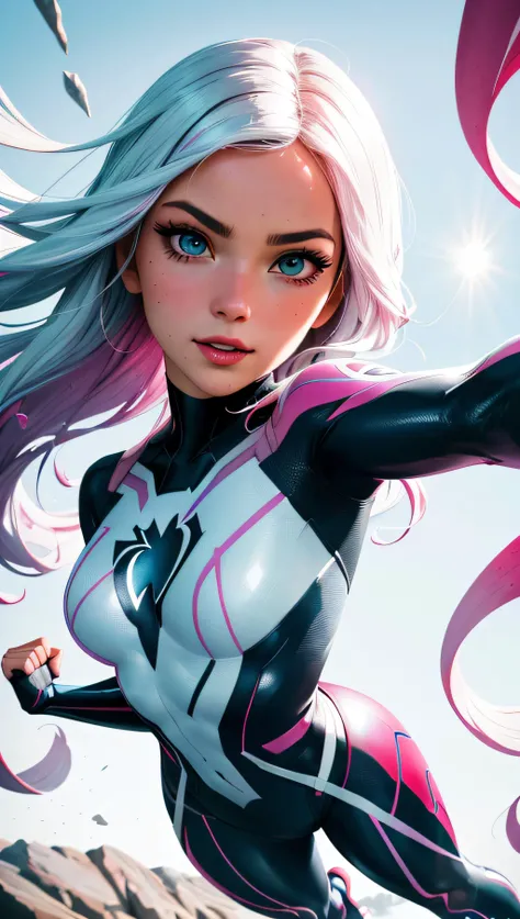 Elsa-Spider man Fusion, Roupas do Spider man, Cabelos brancos da Elsa, melting, 1girl, Bodysuit de latex, Beautiful, Segurando um Batarangue, particulas de gelo, morcegos, morcegos de gelo, (master part:1.2), (melhor qualidade:1.2), ((pose de luta)), ((campo de batalha)), cinemactic, olhos perfeitos, pele perfeita, perfect lighting, sorrir, luz, cor, pele texturizada, detalhe, Beleza, maravilha, ultra-detalhado, rosto perfeito
