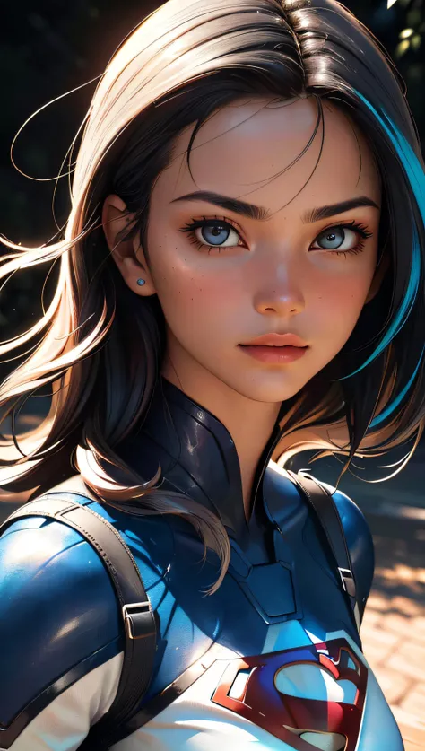 (best quality, masterpiece, perfect face, beautiful and aesthetic:1.2, colorful, dynamic angle, highest detailed face) supergirl (hi-top fade:1.3), dark theme, soothing tones, muted colors, high contrast, (natural skin texture, hyperrealism, soft light, sharp), HDR, dramatic lights, (ultra realistic, best quality, masterpiece, perfect face) coloured hair, 18 years old girl, medium tits, 35mm, bokeh, 9:16, (intricate details, hyperdetailed:1.15), detailed, sunlight passing through hair (high contrast, official art, extreme detailed, highest detailed),
