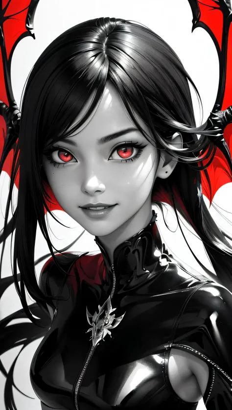 (best quality, masterpiece, perfect face, beautiful and aesthetic:1.2, highest detailed face)1 succubusgirl, gothic, demon wings, mischievous smile, (abstract art), half demon, high contrast, red, black and white,(abstract art), half demon, crimson eyes, high contrast (intricate details, hyperdetailed:1.15), detailed, sunlight passing through hair (high contrast, official art, extreme detailed, highest detailed),