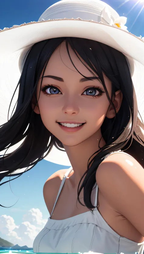 (best quality, masterpiece, perfect face, detailed simmetric iris), anime Nagatoro young tan girl, play with water, beach, white long sundress, big white hat, smiling, shining sun in the sky, flare lens, funny clouds, (hyperrealism, soft light, dramatic light, sharp, HDR)