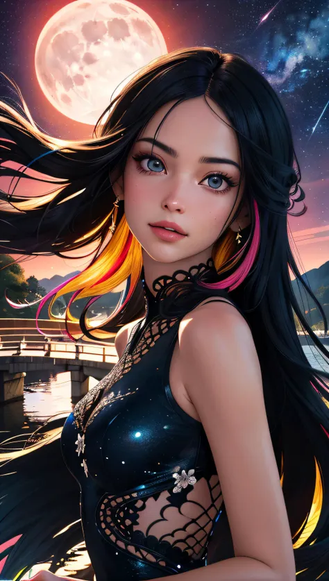 (best quality, masterpiece, perfect face, beautiful and aesthetic:1.2, colorful, dynamic angle, highest detailed face) full body photo, fashion photography of cute a majestic night, incredible multicolored sky, dreamlike, visible stars, a girl over the bridge across the river, looking over the sky, moonlight passing through hair, 35mm, bokeh, 9:16, (intricate details, hyperdetailed:1.15), detailed, high contrast, official art, extreme detailed, highest detailed),