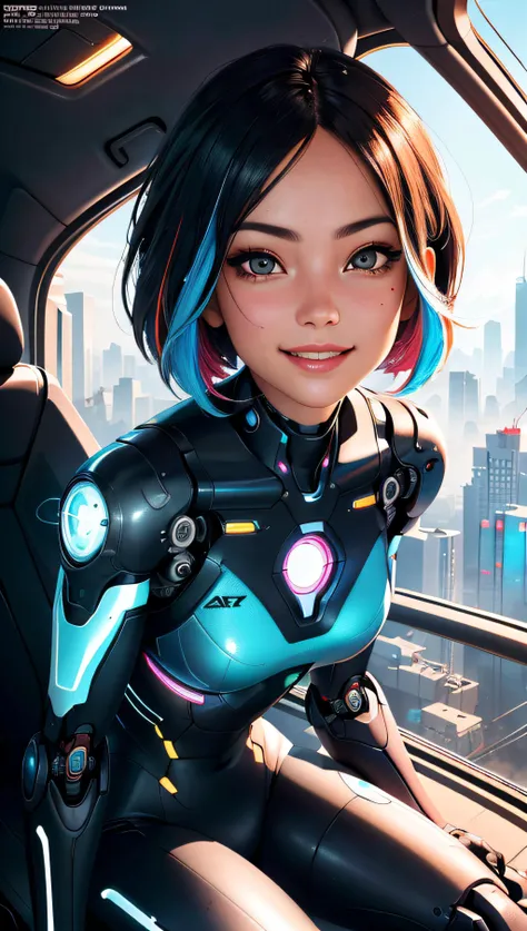 (best quality, masterpiece, perfect face, beautiful and aesthetic:1.2, colorful, dynamic angle, highest detailed face) full body photo of a complex ultra detailed of a beautiful android girl, cute smiling face, cyborg, bobbed haircut, robotic parts, vibrant details, luxurious cyberpunk, lace, cable electric wires, microchip, elegant, beautiful background, 8k, extremelydetailed, wallpaper, robot, full body, sitting, high contrast colors, 35mm, bokeh, 9:16, (intricate details, hyperdetailed:1.15), detailed, sunlight passing through hair (high contrast, official art, extreme detailed, highest detailed),