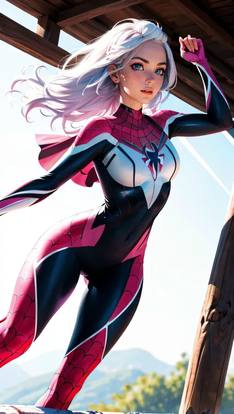 solo, masterpiece, best quality, medium shot of Spider-Gwen, marvel, fighting stance, dynamic angle, leotard,