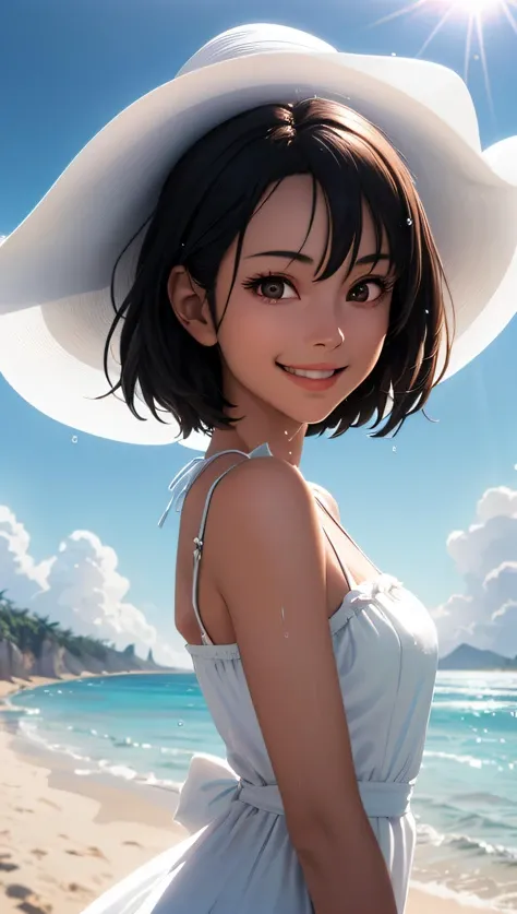 (best quality, masterpiece, perfect face, detailed simmetric iris), anime Nagatoro young tan girl, play with water, beach, white long sundress, big white hat, smiling, shining sun in the sky, flare lens, funny clouds, (hyperrealism, soft light, dramatic light, sharp, HDR)