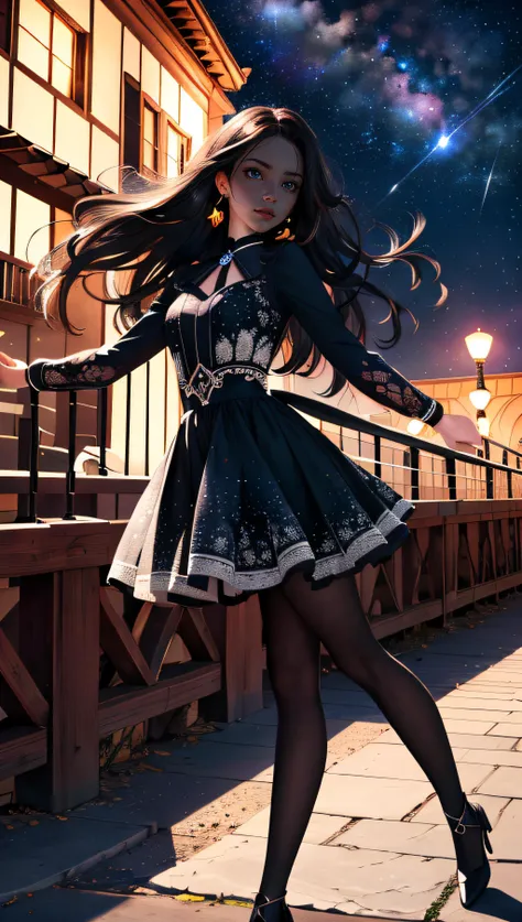 (best quality, masterpiece, perfect face, beautiful and aesthetic:1.2, colorful, dynamic angle, highest detailed face) full body photo, fashion photography of cute a majestic night, incredible multicolored sky, dreamlike, visible stars, a girl over the bridge across the river, looking over the sky, moonlight passing through hair, 35mm, bokeh, 9:16, (intricate details, hyperdetailed:1.15), detailed, high contrast, official art, extreme detailed, highest detailed),
