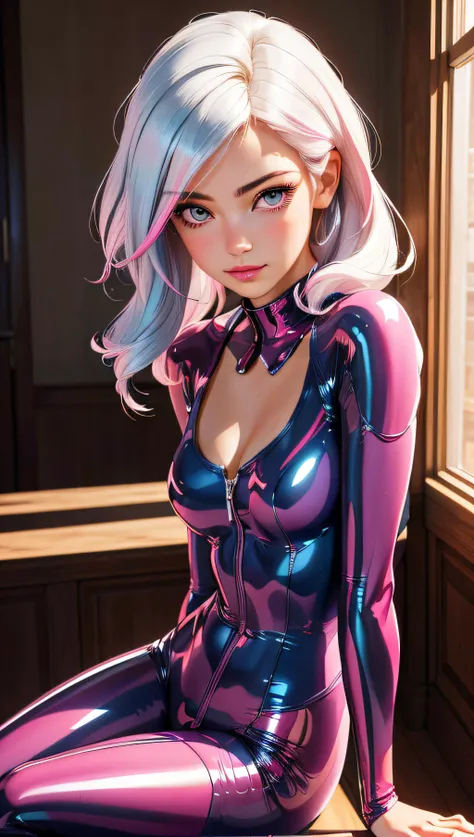 3dmm style, 1girl:1.2, (masterpiece:1.4, best quality), indoors, medium breasts, pastel colors:1.2, cleavage, facing viewer, ultra detailed, laying, arms crossed , portrait:1.2, beautiful and aesthetic, detailed, detailed skin texture, light particles, (masterpiece, top quality, best quality, official art, beautiful and aesthetic:1.2), colorful, (pink latex bodysuit), white hair, white fingernails, (hyperrealism, soft light, dramatic light, sharp, HDR)