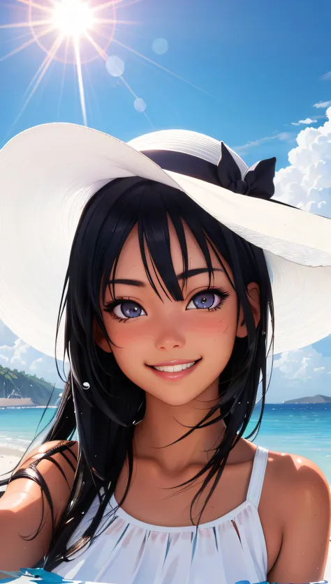 (best quality, masterpiece, perfect face, detailed simmetric iris), anime Nagatoro young tanned girl, play with water, beach, white long sundress, big white hat, smiling, shining sun in the sky, flare lens, funny clouds, (hyperrealism, soft light, dramatic light, sharp, HDR)