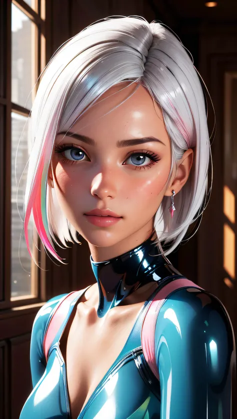 3dmm style, 1girl:1.2, (masterpiece:1.4, best quality), indoors, medium breasts, pastel colors:1.2, cleavage, facing viewer, ultra detailed, laying, arms crossed , portrait:1.2, beautiful and aesthetic, detailed, detailed skin texture, light particles, (masterpiece, top quality, best quality, official art, beautiful and aesthetic:1.2), colorful, (pink latex bodysuit), white hair, white fingernails, (hyperrealism, soft light, dramatic light, sharp, HDR)