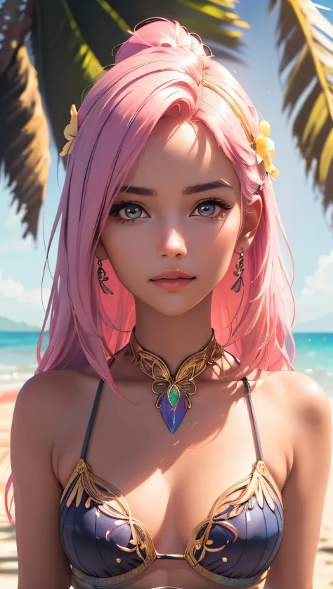 (best quality, masterpiece, perfect face, detailed symmetric iris, perfect smooth skin texture)fashion photography portrait of cute girl with iridiscent pink hair, in lush beach, gold bikini, 35mm, bokeh, 9:16, (intricate details, hyperdetailed:1.15), detailed, sunlight passing through hair, (hyperrealism, soft light, dramatic light, sharp, HDR)