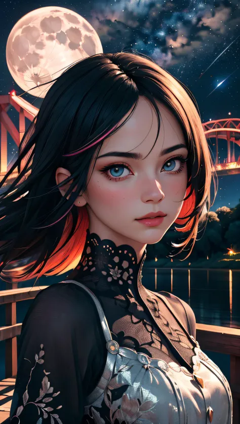 (best quality, masterpiece, perfect face, beautiful and aesthetic:1.2, colorful, dynamic angle, highest detailed face) full body photo, fashion photography of cute a majestic night, incredible multicolored sky, dreamlike, visible stars, a girl over the bridge across the river, looking over the sky, moonlight passing through hair, 35mm, bokeh, 9:16, (intricate details, hyperdetailed:1.15), detailed, high contrast, official art, extreme detailed, highest detailed),