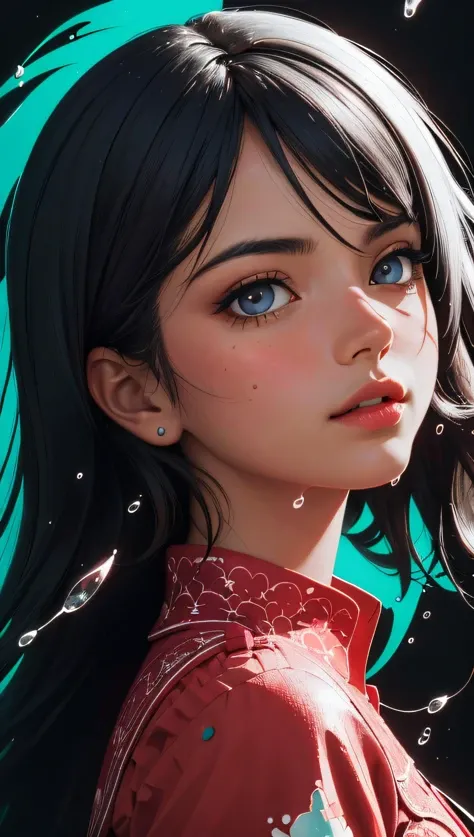 (best quality, masterpiece, perfect face, beautiful and aesthetic:1.2, colorful, dynamic angle, highest detailed face) a girl, illustration, cover art, (black:1.2), portrait , coral background, splash, high contrast colors, muted colors, high contrast, , 35mm, bokeh, 9:16, (intricate details, hyperdetailed:1.15), detailed, sunlight passing through hair (high contrast, official art, extreme detailed, highest detailed),