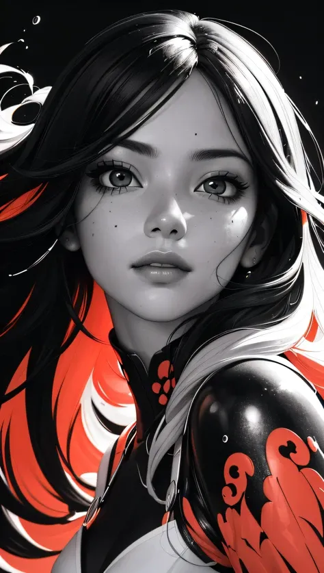 (best quality, masterpiece, perfect face, beautiful and aesthetic:1.2, colorful, dynamic angle, highest detailed face) a girl, illustration, cover art, (black:1.2), portrait , coral background, splash, high contrast colors, muted colors, high contrast, , 35mm, bokeh, 9:16, (intricate details, hyperdetailed:1.15), detailed, sunlight passing through hair (high contrast, official art, extreme detailed, highest detailed),