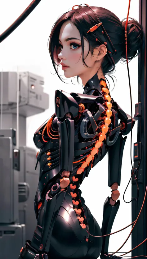 (best quality, masterpiece, perfect face, beautiful and aesthetic:1.2, colorful, dynamic angle, highest detailed face)((Full shot)), (highly detailed illustration), ((Chest covered)), ((1mechanical girl)), solo, (lucid, transparent, nacre exoskeleton) ((upper torso hanging by luminiscent wires)), ((Hanging by luminiscent wires and luminiscent tubes)), (machine made joints:1.2), ((machanical limbs)), (blood vessels connected to tubes), (mechanical vertebra attaching to back), ((mechanical cervial attaching to neck)), (sitting), (chest covered), (luminiscent wires and luminiscent cables attaching to neck:1.2), (luminiscent wires and luminiscent cables on head:1.2), (character focus), science fiction, extreme detailed, colorful, 35mm, bokeh, 9:16, (intricate details, hyperdetailed:1.15), detailed, sunlight passing through hair (high contrast, official art, extreme detailed, highest detailed),