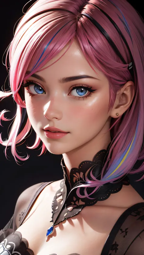 (best quality, masterpiece, perfect face, beautiful and aesthetic:1.2, colorful, dynamic angle, highest detailed face) coloured hair, 18 years old girl, medium tits, flirting on camera, , 35mm, bokeh, 9:16, (intricate details, hyperdetailed:1.15), detailed, light passing through hair (high contrast, official art, extreme detailed, highest detailed),