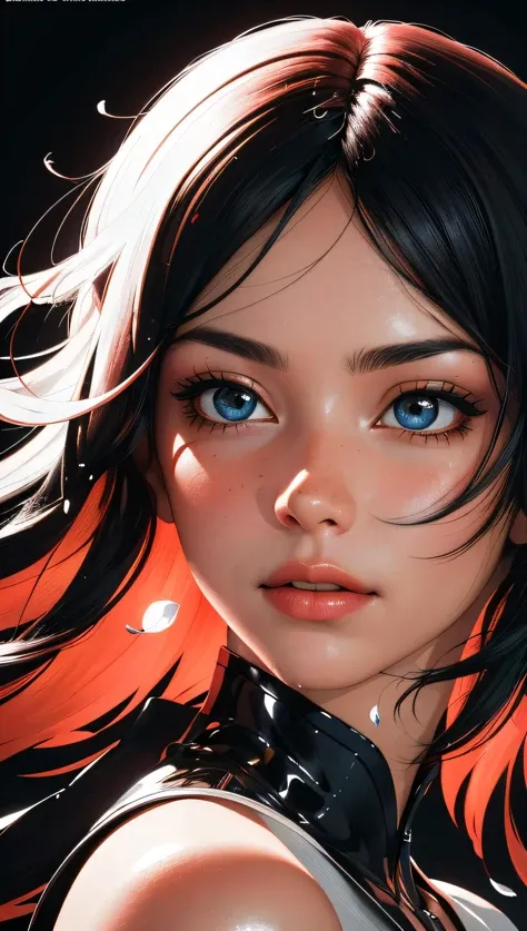 (best quality, masterpiece, perfect face, beautiful and aesthetic:1.2, colorful, dynamic angle, highest detailed face) a girl, illustration, cover art, (black:1.2), portrait , coral background, splash, high contrast colors, muted colors, high contrast, , 35mm, bokeh, 9:16, (intricate details, hyperdetailed:1.15), detailed, sunlight passing through hair (high contrast, official art, extreme detailed, highest detailed),
