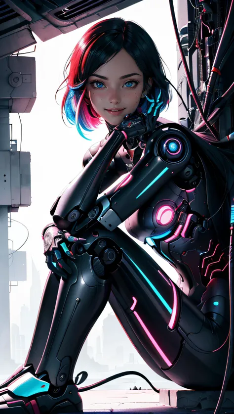 (best quality, masterpiece, perfect face, beautiful and aesthetic:1.2, colorful, dynamic angle, highest detailed face) full body photo of a complex ultra detailed of a beautiful android girl, cute smiling face, cyborg, bobbed haircut, robotic parts, vibrant details, luxurious cyberpunk, lace, cable electric wires, microchip, elegant, beautiful background, 8k, extremelydetailed, wallpaper, robot, full body, sitting, high contrast colors, 35mm, bokeh, 9:16, (intricate details, hyperdetailed:1.15), detailed, sunlight passing through hair (high contrast, official art, extreme detailed, highest detailed),