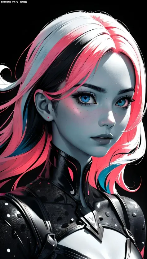 (best quality, masterpiece, perfect face, beautiful and aesthetic:1.2, colorful, dynamic angle, highest detailed face) a girl, illustration, cover art, (black:1.2), portrait , coral background, splash, high contrast colors, muted colors, high contrast, , 35mm, bokeh, 9:16, (intricate details, hyperdetailed:1.15), detailed, sunlight passing through hair (high contrast, official art, extreme detailed, highest detailed),