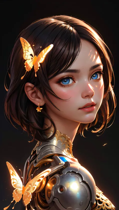 (Perfect face) 8k portrait of beautiful cyborg with brown hair, intricate, elegant, highly detailed, majestic, digital photography, art by artgerm and ruan jia and greg rutkowski surreal painting gold butterfly filigree, broken glass, (masterpiece, sidelighting, finely detailed beautiful eyes: 1.2), hdr, <lora:more_details:0.2>