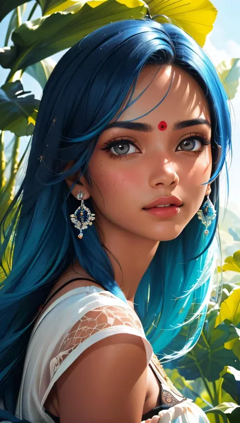 (best quality, masterpiece, perfect face, beautiful and aesthetic:1.2, colorful, dynamic angle, highest detailed face) indian girl with blue hair, caramel skin, in lush jungle with flowers, 35mm, bokeh, 9:16, (intricate details, hyperdetailed:1.15), detailed, sunlight passing through hair (high contrast, official art, extreme detailed, highest detailed),