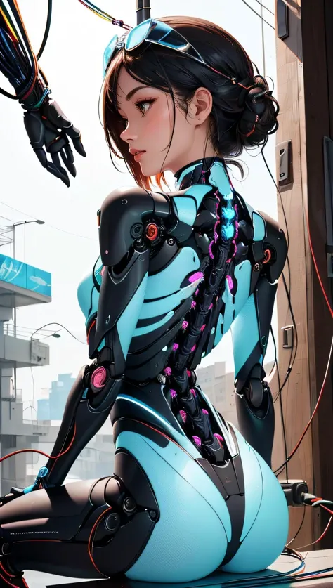 of the highest quality, masutepiece, 超高分辨率, ((Photorealistic: 1.4), RAW photo, 1 girl, Black hair, Glossy glossy skin, 1 mechanical girl, (Super realistic details)), Cinematic lighting, Deep shadows, Octane rendering, 8K, ultrasharp, The kinky is exposed, metal, Intricate Ornament Details, egypician detail, highly intricate detail, Realistic light, Trends in CG, Facing the camera, neon light detail, Mechanical limbs, blood vessels attached to the tube, Mechanical vertebrae attached to the back, mechanical cervical attachment to the neck, wires and cables connecting to head, Evangelion, Luminous small light, (Dazzling cyberpunk city streets in the background).