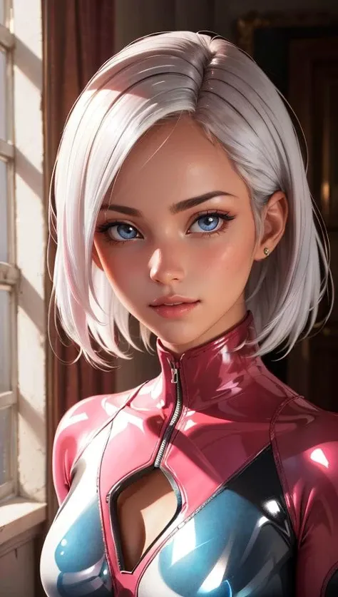 3dmm style, 1girl:1.2, (masterpiece:1.4, best quality), indoors, medium breasts, pastel colors:1.2, cleavage, facing viewer, ultra detailed, laying, arms crossed , portrait:1.2, beautiful and aesthetic, detailed, detailed skin texture, light particles, (masterpiece, top quality, best quality, official art, beautiful and aesthetic:1.2), colorful, (pink latex bodysuit), white hair, white fingernails, (hyperrealism, soft light, dramatic light, sharp, HDR)