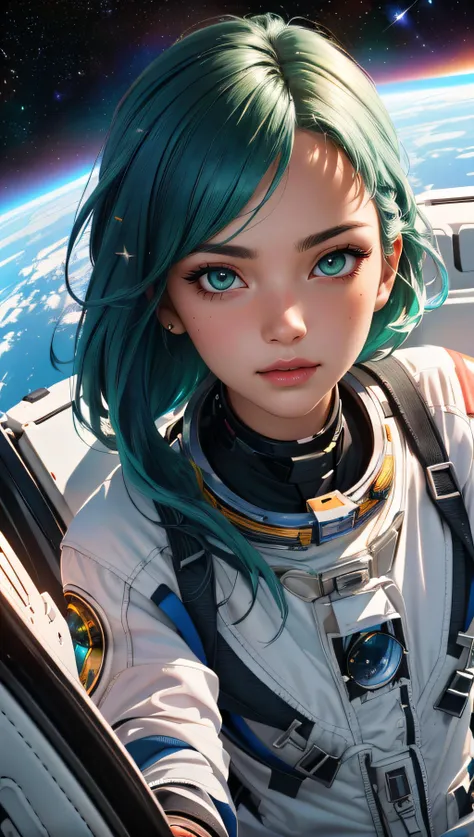 (best quality, masterpiece, perfect face, beautiful and aesthetic:1.2, colorful, dynamic angle, highest detailed face) full body photo, fashion photography of cute astronaut girl with long iridiscent green hair, in space with galaxy behind, 35mm, bokeh, 9:16, (intricate details, hyperdetailed:1.15), detailed, sunlight passing through hair (high contrast, official art, extreme detailed, highest detailed),