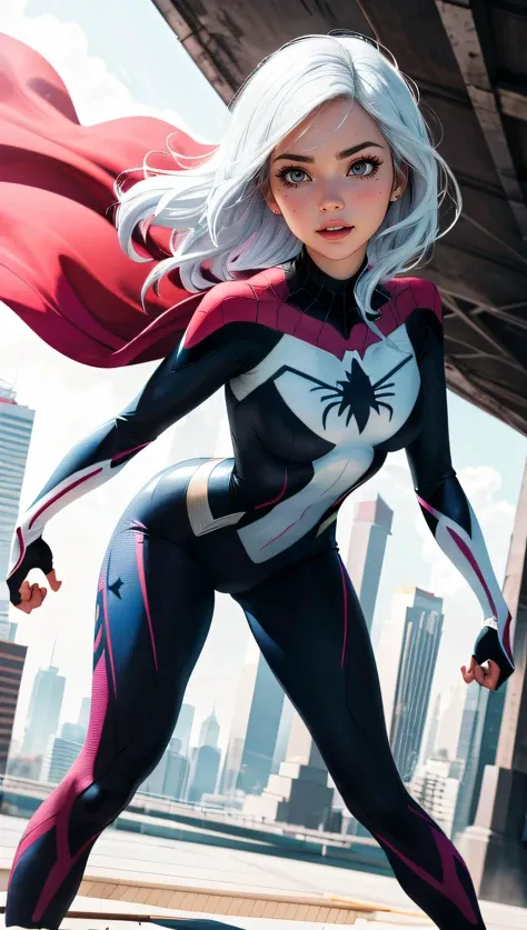 (best quality, masterpiece, perfect face, beautiful and aesthetic:1.2, colorful, dynamic angle, highest detailed face) full body photo, fashion photography of cute spiderwoman (Gwen), in fighting pose, 35mm, bokeh, 9:16, (intricate details, hyperdetailed:1.15), detailed, sunlight passing through hair (high contrast, official art, extreme detailed, highest detailed),