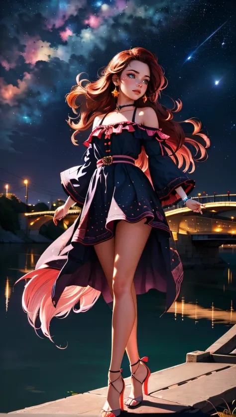 (best quality, masterpiece, perfect face, beautiful and aesthetic:1.2, colorful, dynamic angle, highest detailed face) full body photo, fashion photography of cute a majestic night, incredible multicolored sky, dreamlike, visible stars, a girl over the bridge across the river, looking over the sky, moonlight passing through hair, 35mm, bokeh, 9:16, (intricate details, hyperdetailed:1.15), detailed, high contrast, official art, extreme detailed, highest detailed),