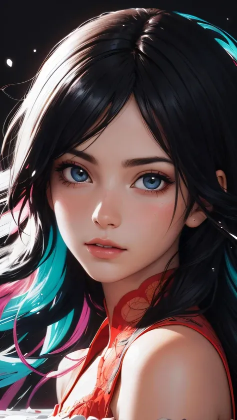 (best quality, masterpiece, perfect face, beautiful and aesthetic:1.2, colorful, dynamic angle, highest detailed face) a girl, illustration, cover art, (black:1.2), portrait , coral background, splash, high contrast colors, muted colors, high contrast, , 35mm, bokeh, 9:16, (intricate details, hyperdetailed:1.15), detailed, sunlight passing through hair (high contrast, official art, extreme detailed, highest detailed),