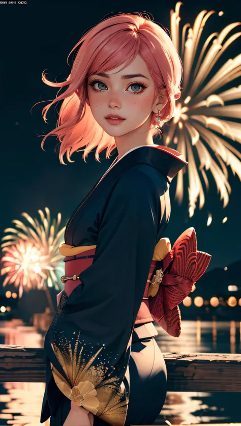 (best quality, masterpiece, perfect face, beautiful and aesthetic:1.2, colorful, dynamic angle, highest detailed face) full body photo, fashion photography of cute european girl with iridiscent pink hair, flirting with POV, in traditional japanese gold&black kimono, ultra detailed kimono textures, high contrast, night, kyoto, fireworks, 35mm, bokeh, 9:16, (intricate details, hyperdetailed:1.15), detailed, sunlight passing through hair (high contrast, official art, extreme detailed, highest detailed),