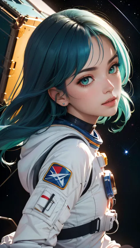 (best quality, masterpiece, perfect face, beautiful and aesthetic:1.2, colorful, dynamic angle, highest detailed face) full body photo, fashion photography of cute astronaut girl with long iridiscent green hair, in space with galaxy behind, 35mm, bokeh, 9:16, (intricate details, hyperdetailed:1.15), detailed, sunlight passing through hair (high contrast, official art, extreme detailed, highest detailed),