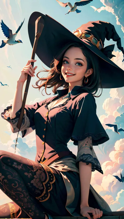 (best quality, masterpiece, colorful, dynamic angle) a beautiful witch, riding a flying broomstick, above the clouds, big witch hat, smiling, beautiful colorful background, birds, (intricate details, hyperdetailed:1.15, extreme detailed, highest detailed), sml76,