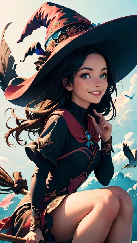 (best quality, masterpiece, colorful, dynamic angle) a sexy witch, riding a flying broomstick, above the clouds, big witch hat, smiling, beautiful colorful background, birds, (intricate details, hyperdetailed:1.15, extreme detailed, highest detailed), sml76,