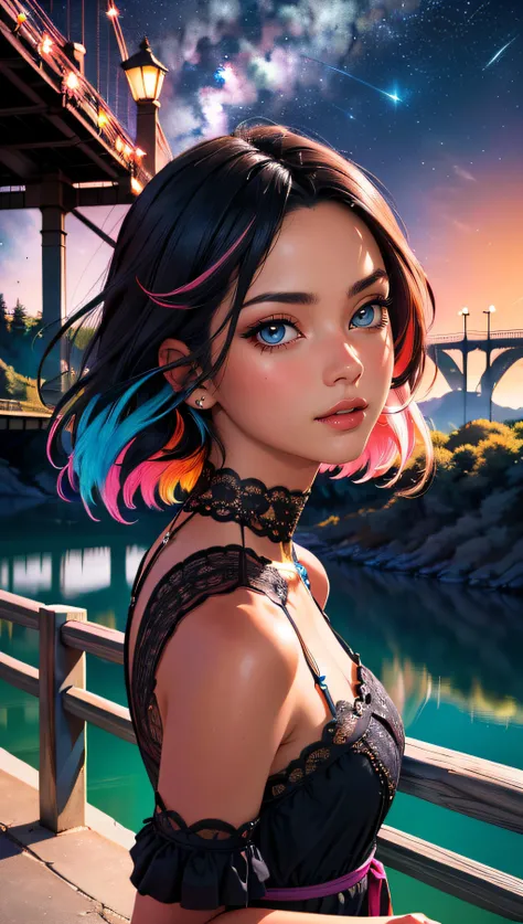 (best quality, masterpiece, perfect face, beautiful and aesthetic:1.2, colorful, dynamic angle, highest detailed face) full body photo, fashion photography of cute a majestic night, incredible multicolored sky, dreamlike, visible stars, a girl over the bridge across the river, looking over the sky, moonlight passing through hair, 35mm, bokeh, 9:16, (intricate details, hyperdetailed:1.15), detailed, high contrast, official art, extreme detailed, highest detailed),