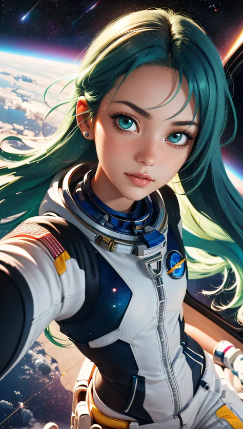 (best quality, masterpiece, perfect face, beautiful and aesthetic:1.2, colorful, dynamic angle, highest detailed face) full body photo, fashion photography of cute astronaut girl with long iridiscent green hair, in space with galaxy behind, 35mm, bokeh, 9:16, (intricate details, hyperdetailed:1.15), detailed, sunlight passing through hair (high contrast, official art, extreme detailed, highest detailed),