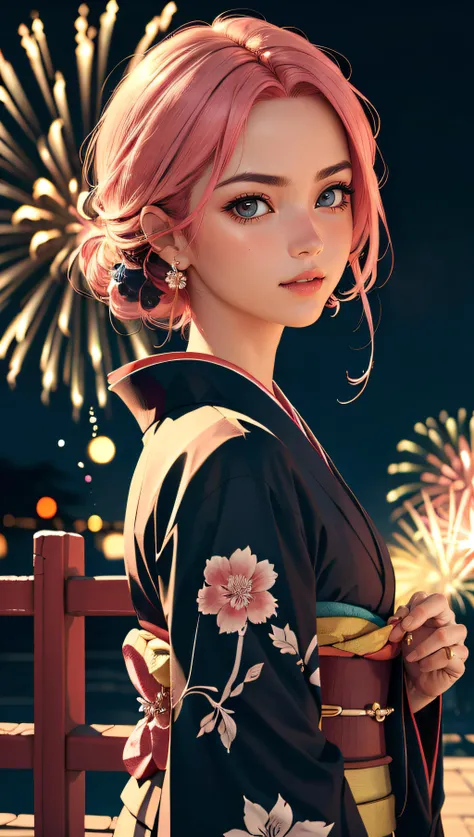 (best quality, masterpiece, perfect face, beautiful and aesthetic:1.2, colorful, dynamic angle, highest detailed face) full body photo, fashion photography of cute european girl with iridiscent pink hair, flirting with POV, in traditional japanese gold&black kimono, ultra detailed kimono textures, high contrast, night, kyoto, fireworks, 35mm, bokeh, 9:16, (intricate details, hyperdetailed:1.15), detailed, sunlight passing through hair (high contrast, official art, extreme detailed, highest detailed),