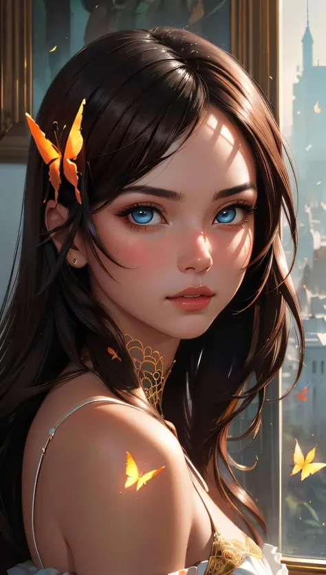 8k portrait of beautiful cyborg with brown hair, intricate, elegant, highly detailed, majestic, digital photography, art by artgerm and ruan jia and greg rutkowski surreal painting gold butterfly filigree, broken glass, (masterpiece, sidelighting, finely detailed beautiful eyes: 1.2), hdr,