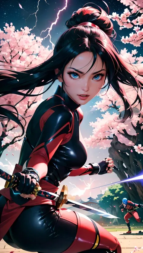 (best quality, masterpiece, colorful, dynamic angle)Anime style, hyper dynamic frenetic fighting scenario, ninjas holding swords fight, energy lightning , energy blast, jumping, beautiful background, wonderful night, full moon, cherry blossom trees, (intricate details, hyperdetailed:1.15, extreme detailed, highest detailed), sml1976,