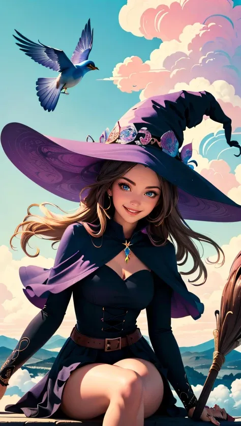 (best quality, masterpiece, colorful, dynamic angle) a sexy witch, riding a flying broomstick, above the clouds, big witch hat, smiling, beautiful colorful background, birds, (intricate details, hyperdetailed:1.15, extreme detailed, highest detailed), sml76,