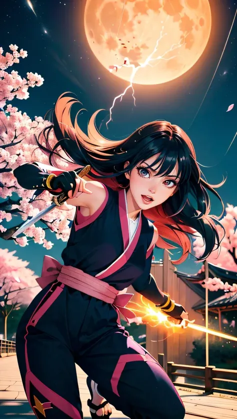 (best quality, masterpiece, colorful, dynamic angle)Anime style, hyper dynamic frenetic fighting scenario, ninjas holding swords fight, energy lightning , energy blast, jumping, beautiful background, wonderful night, full moon, cherry blossom trees, (intricate details, hyperdetailed:1.15, extreme detailed, highest detailed), sml1976,