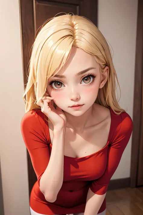 (masterpiece, best quality), 1girl, blonde hair, red dress, pantyhose, cute face, blush,