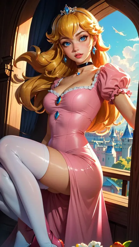 (best quality, masterpiece, perfect face, beautiful and aesthetic:1.2, colorful, dynamic angle, highest detailed face), ((princess peach)), a character from super mario bros standing outside her castle during sunset full of clouds. (PrincessPeach, (pink dress), blue eyes, choker, glossy lips, pink lips), (best quality, masterpiece, perfect face, beautiful and aesthetic:1.2, colorful, dynamic angle, highest detailed face)