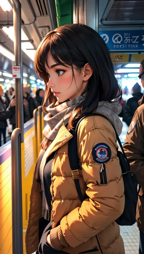 (best quality, masterpiece) photorealistic,lifelike rendering,1girl,chestnut,cowboy shot,side view,evening,night shot,a girl inside a subway station,subway train passing behind her,motion blur,film grain:1.2,winter jacket,scarf,Radiant Comfort, Golden Hour, Cozy Ambiance