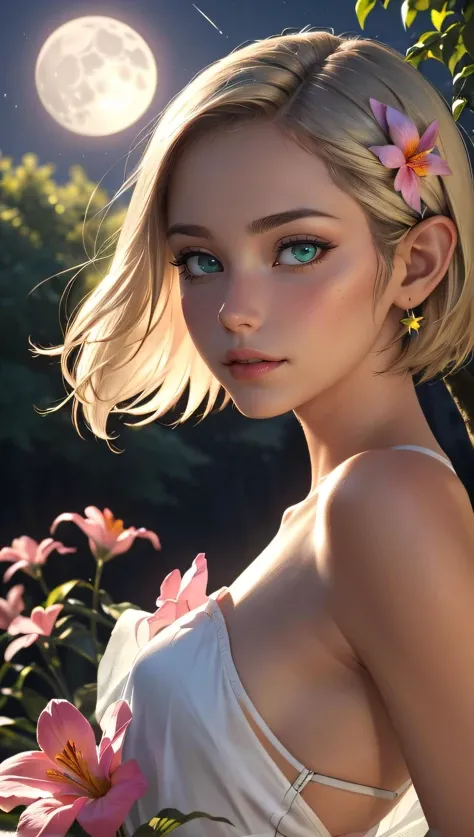 (best quality, masterpiece), (intricate details), unity 8k wallpaper, ultra detailed, beautiful and aesthetic, (photorealistic:1.4), (1girl), green eyes, blonde, hair ornament, short hair, blush, dynamic pose, dynamic angle, lipstick, slim, slim body, very wild shot, outdoor, detailed background, realistic, solo, perfect detailed face, naughty face, detailed eyes, highly detailed, ((fantasy forest)), ((small flowers around)), detailed legs, ((dark night)), ((darkness)), elf ears, full naked, short hairs, ideal bobtail, full naked, detailed nippets, magic flowers, ((small moon)), ((detailed toes)),