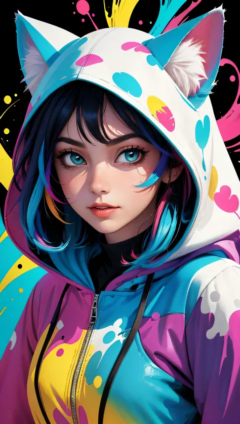 (best quality, masterpiece, colorful) Fluffy a fluffy cat dressing hood, paint art, comics, fantasy art, funny, perfect background wallpaper, abstract, (high contrast, official art, extreme detailed, highest detailed),
