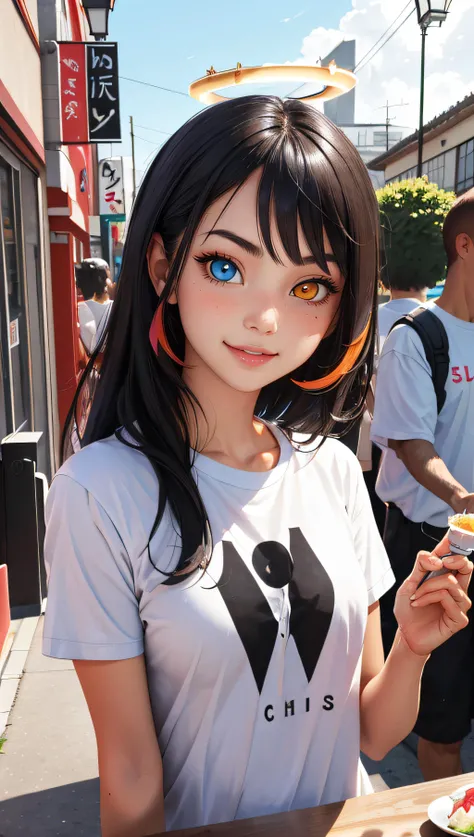 masterpiece, best quality, absurdres, perfect anatomy, 1girl, solo, IrysHolo, heterochromia, long hair, halo, t-shirt, eating, table, upper body, sushi, happy, lamp, outdoors, street, lamppost,