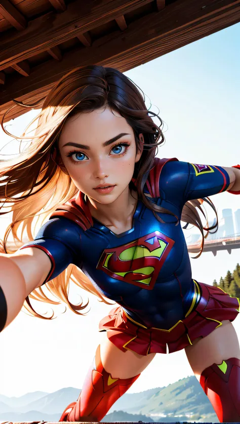 (best quality, masterpiece, perfect face, beautiful and aesthetic:1.2, colorful, dynamic angle, highest detailed face) full body photo, fashion photography of cute supergirl with long iridiscent golden hair, in fighting pose, 35mm, bokeh, 9:16, (intricate details, hyperdetailed:1.15), detailed, sunlight passing through hair (high contrast, official art, extreme detailed, highest detailed),